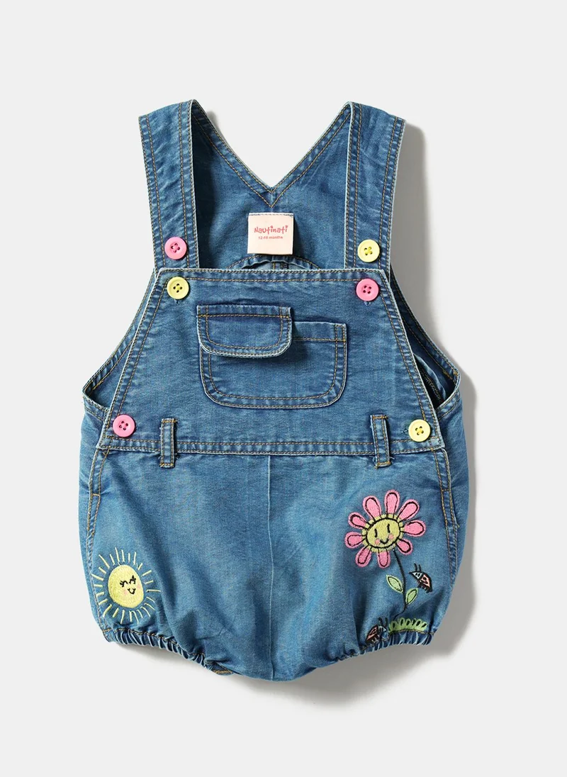 Nautinati Girls' Flower, Sun & Bees Embroidered Denim Dungaree